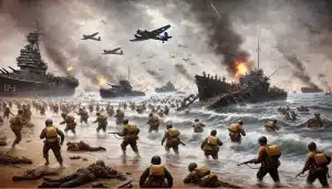 DALL·E 2024 09 16 00.16.54 A detailed depiction of a pivotal World War II operation that shaped the outcome of the war. The scene captures the D Day landings on the beaches of N
