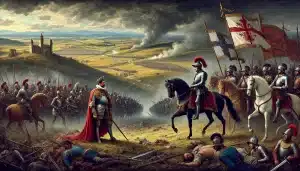 DALL·E 2024 09 19 03.42.59 A dramatic scene depicting the Battle of Pavia 1525 where the Holy Roman Emperor Charles V confronts King Francis I of France. The battlefield is c