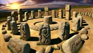 DALL·E 2024 09 22 20.52.34 An artistic depiction of Gobekli Tepe the worlds oldest known temple set in its ancient historical context. The scene shows massive stone pillars a