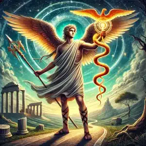 DALL·E 2024 09 23 18.35.00 A depiction of Hermes the Messenger of the Gods in Greek mythology standing in a mystical landscape. He is wearing a winged helmet and winged sandal