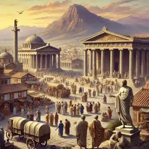 DALL·E 2024 09 23 18.36.36 An artistic depiction of ancient Smyrna a bustling city located in present day Turkey during the time of Homer. The scene features classical Greek a
