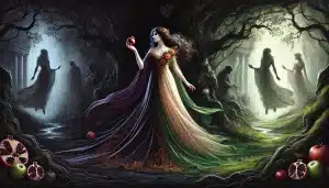 DALL·E 2024 09 24 20.07.55 A powerful and serene depiction of Persephone Queen of the Underworld in Greek mythology. She stands gracefully in a dark ethereal underworld settin