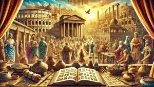 DALL·E 2024 11 22 15.16.18 A detailed and vibrant illustration depicting cultural heritage and history. The scene shows an ancient cityscape with historical landmarks from vario