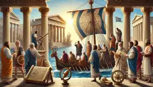 DALL·E 2024 11 23 14.46.54 An artistic depiction of an ancient Greek expedition focused on knowledge and science set in a Mediterranean coastal environment. Scholars dressed in