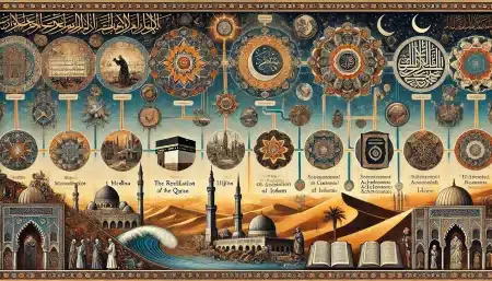 DALL·E 2024 12 25 19.00.10 A detailed and artistic timeline illustration depicting key events in Islamic history starting from the early period to the present day. The timeline