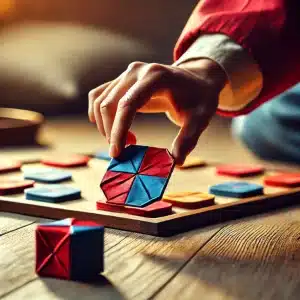 DALL·E 2025 01 03 04.09.12 Traditional Korean ddakji game scene showing two colorful folded paper tiles red and blue on a smooth wooden floor. A players hand is mid action