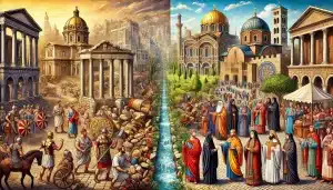 DALL·E 2025 01 03 20.49.21 A historical depiction showing the contrast between the Roman Empire and the Byzantine Empire. On the left a Roman city scene with grand architecture